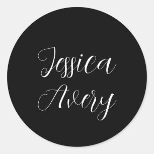 Sticker Rond Tout nom   Élégant script blanc modifiable sur noi