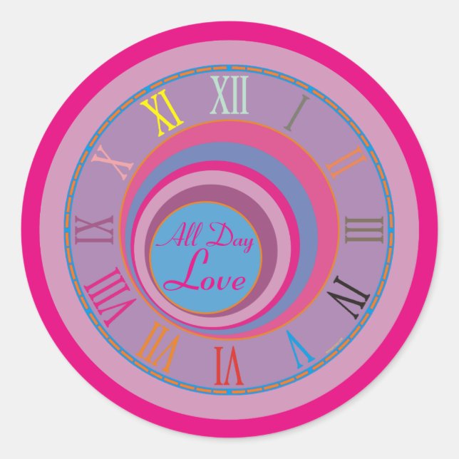 Sticker Rond Toute la journée Love Horloge Art rose violet bleu (Devant)