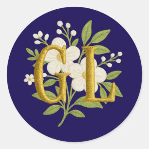 Sticker Rond TOUTES LES INITIALES Broderie Fleurs blanches Tout