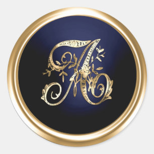 Sticker Rond Toutes les lettres monogramme orné or et bleu mari