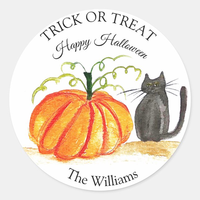 Sticker Rond Trace ou traitement Halloween Citrouille Chat Cute (Devant)