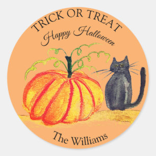 Sticker Rond Trace ou traitement Halloween Citrouille Chat Cute