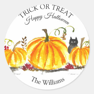 Sticker Rond Trace ou traitement Halloween Citrouille Chat Cute