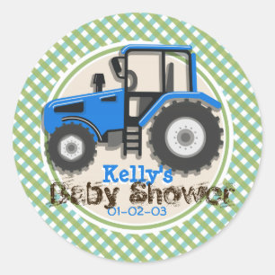 Sticker Rond Tracteur agricole bleu mignon; Baby shower vert