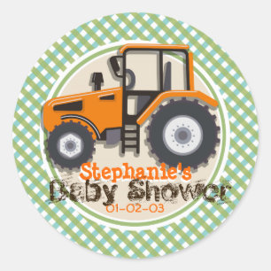 Sticker Rond Tracteur agricole orange mignon; Baby shower vert