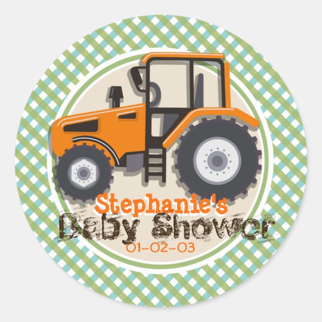 Sticker Rond Tracteur agricole orange mignon; Baby shower vert (Devant)