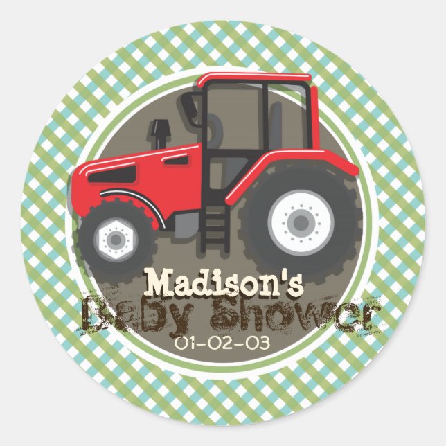 Sticker Rond Tracteur agricole rouge mignon; Baby shower vert (Devant)