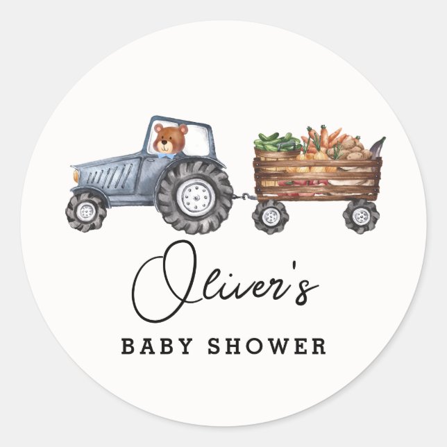 Sticker Rond Tracteur agricole rustique Baby shower d'ours en p (Devant)