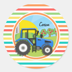 Sticker Rond Tracteur bleu ; bandes arc-en-ciel lumineuses
