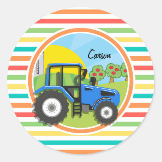 Sticker Rond Tracteur bleu ; bandes arc-en-ciel lumineuses