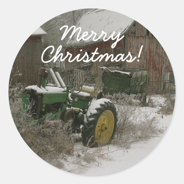 Sticker Rond Tracteur dans l'enveloppe de Noël de neige (Devant)