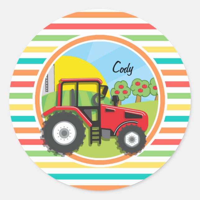 Sticker Rond Tracteur rouge ; bandes arc-en-ciel lumineuses (Devant)