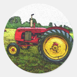Sticker Rond Tracteur rouge et jaune de ferme