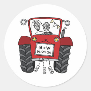 Sticker Rond Tracteur rouge personnalisé Pays Barne Mariage rus