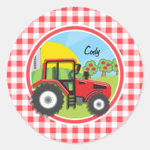 Sticker Rond Tracteur rouge sur le guingan rouge et blanc