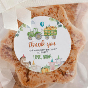 Sticker Rond Tracteur vert Animaux de ferme Anniversaire Étique