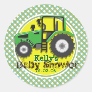 Sticker Rond Tracteur vert et jaune mignon; Baby shower plaqué