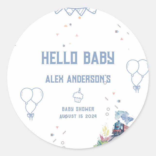Sticker Rond Train Blue Balloons garçon Baby shower Whimsical (Devant)