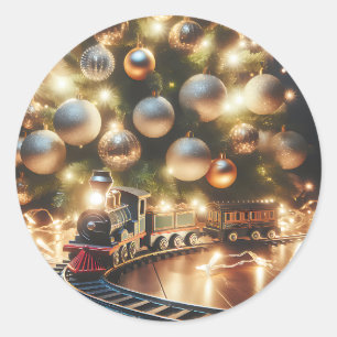 Sticker Rond Train de Noël or à l'ancienne sous l'arbre