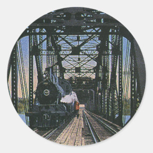 Sticker Rond Train de transport de voyage vintage sur un pont