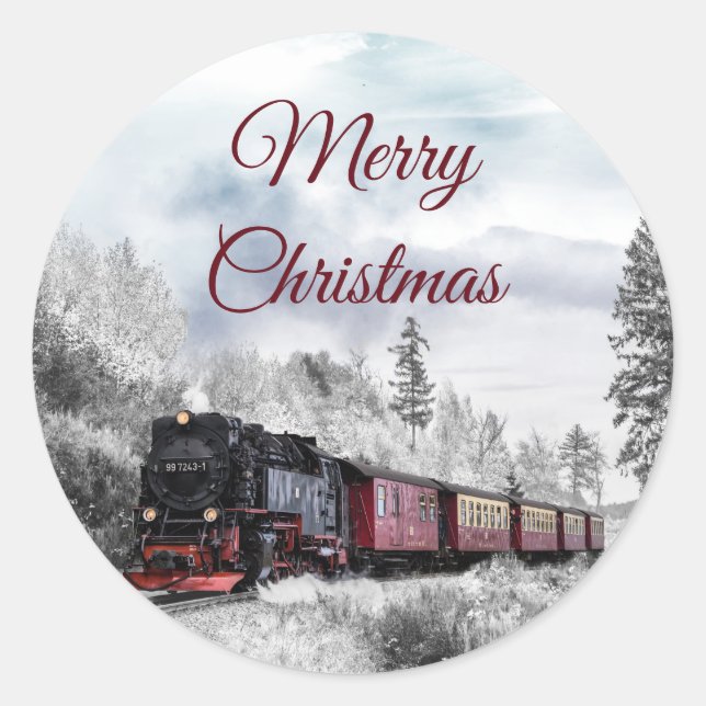 Sticker Rond Train vintage traversant le paysage hivernal (Devant)