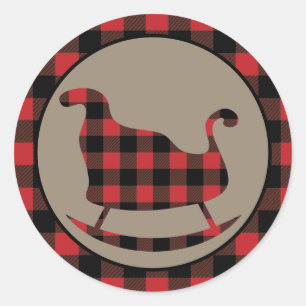 Sticker Rond Traîneau de Noël à bordure carreautée rouge buffle