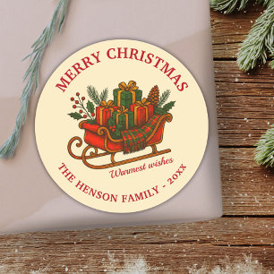 Sticker Rond Traîneau de Noël vintage avec cadeaux 