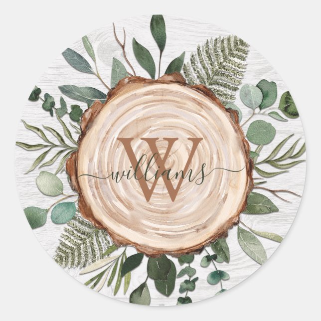 Sticker Rond Tranche de bois rustique à aquarelle de monogramme (Devant)