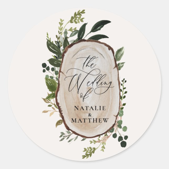 Sticker Rond Tranche de bois rustique verdure botanique mariage (Devant)