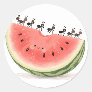 Sticker Rond Tranche de pastèque aux fourmis mignonnes