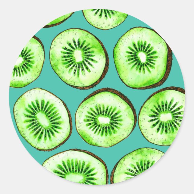 Sticker Rond Tranches Kiwi sur turquoise (Devant)
