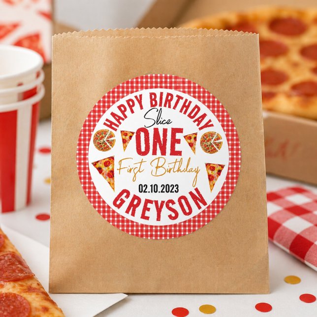 Sticker Rond Tranches Modernes Tranches Bébé Pizza 1er Annivers (Modern Slice Slice Baby Pizza 1st Birthday Classic Round Sticker)