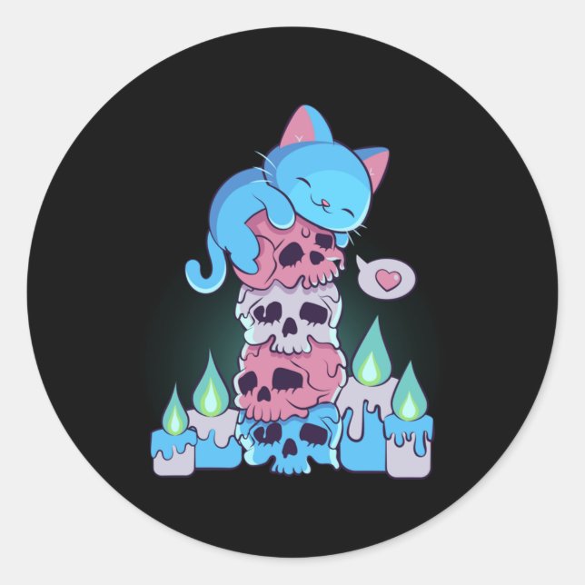 Sticker Rond Transgenre esthétique Kawaii Chat Sur Les Crânes S (Devant)