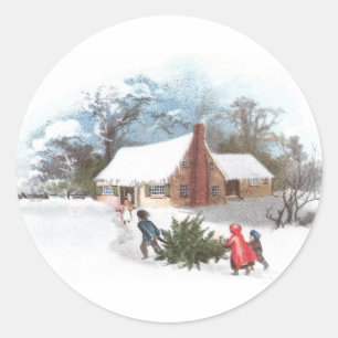 Sticker Rond Transport de Noël de cru de maison d'arbre