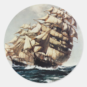 Sticker Rond Transport Vintage, Voiliers dans les Mers Agitées