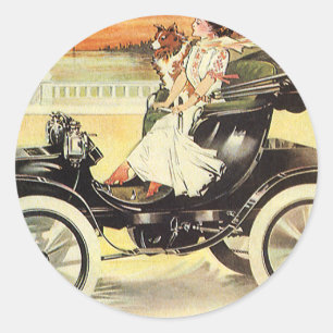 Sticker Rond Transportation Vintage, Femme dans une voiture déc