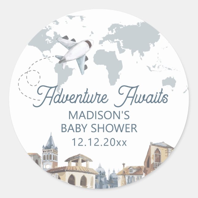 Sticker Rond Travel Adventure World Map Airplane Baby Shower  (Devant)