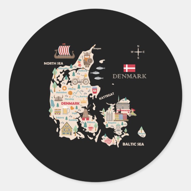 Sticker Rond Travel Europe Danemark Carte Copenhagen Danish Fam (Devant)