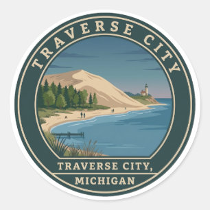 Sticker Rond Traverse City Michigan Phare des Dunes de Sable Ré