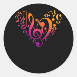 Sticker Rond Treble Bass Clef Notes musicales Coeur coloré