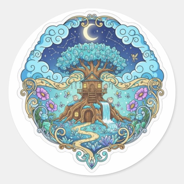 Sticker Rond Tree House Under Moon Fantasy magical illustration (Devant)