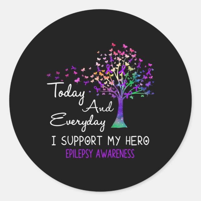 Sticker Rond Tree Ribbon I Support My Hero Epilepsy Awareness  (Devant)