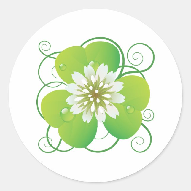 Sticker Rond Trèfle à quatre feuilles vert avec floraison blanc (Devant)