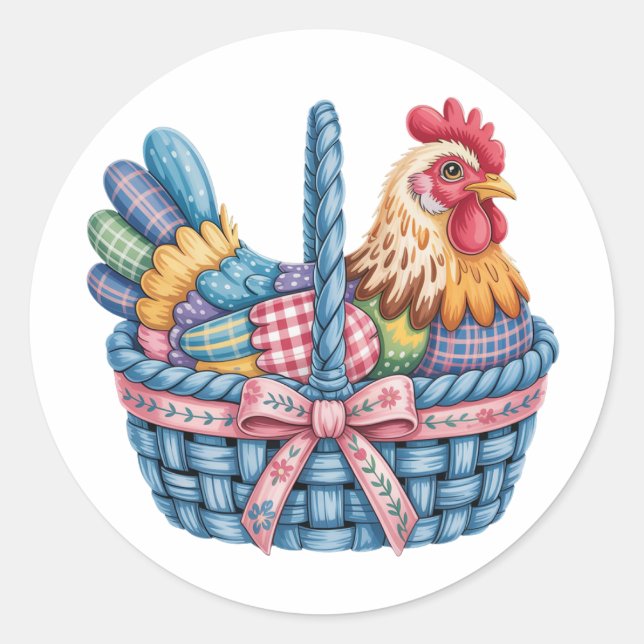Sticker Rond Trendy Easter Chicken Hen Patchwork PNG, Floral Re (Devant)