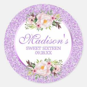Sticker Rond Trendy Glitter Fleur Violet Sweet 16