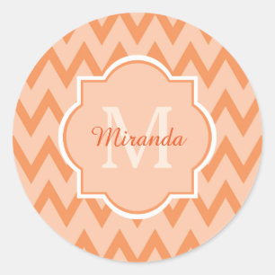Sticker Rond Trendy Orange Chevron Zigzag Nom et Monogramme