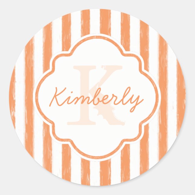 Sticker Rond Trendy Orange Peint Stripes Monogramme et nom (Devant)