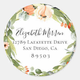 Sticker Rond Trendy Peach Floral Wreath Adresse de retour