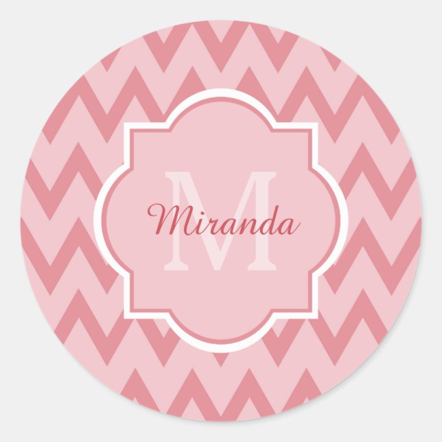 Sticker Rond Trendy Pink Chevron Zigzag Nom et Monogramme (Devant)