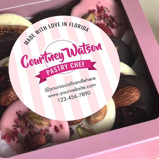 Sticker Rond Trendy Pink Stripes Cake Bakery Pastry Chef (Créateur téléchargé)